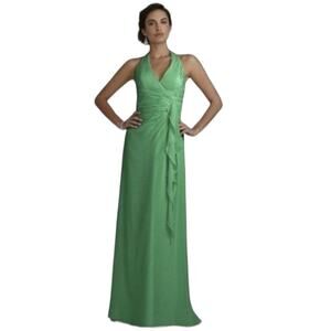 David’s Bridal Green Chiffon Halter Draped cascade Dress Style F12688 size 18